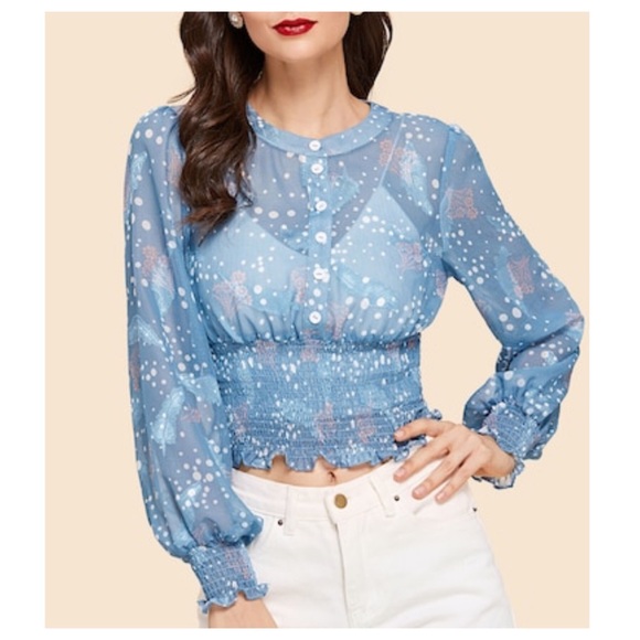 Tops - Vintage Style Smocked Hem Sheer Top